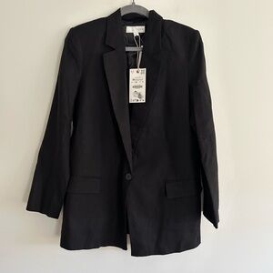 NWT ZARA Linen Blend Black Oversized Blazer Size Medium Single Button